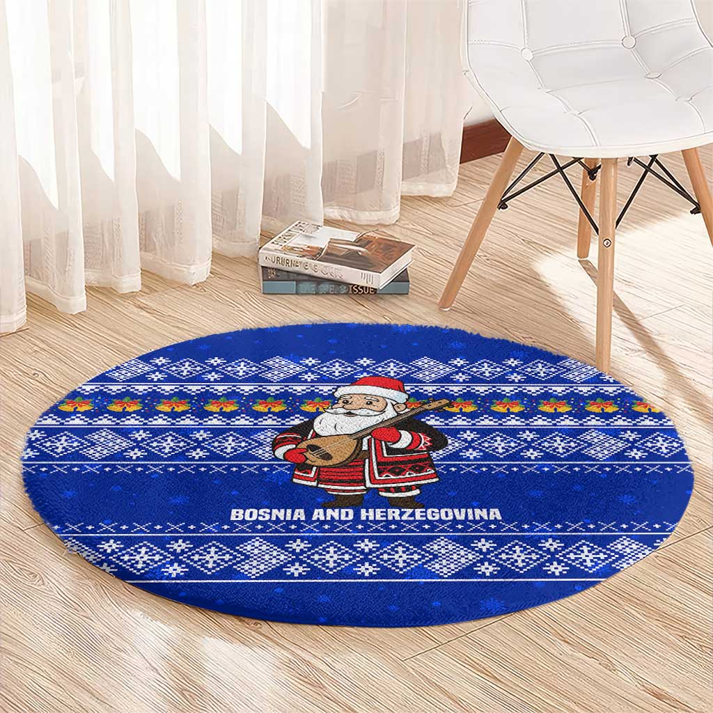 Bosnia and Herzegovina Christmas Round Carpet with Santa Playing Traditional Instrument and Blue Snowflake Pattern - Wonder Print Shop