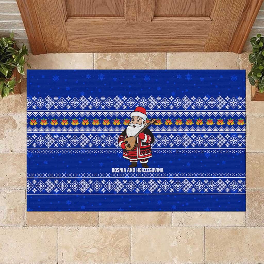 Bosnia and Herzegovina Christmas Rubber Doormat with Santa Playing Traditional Instrument and Blue Snowflake Pattern - Wonder Print Shop