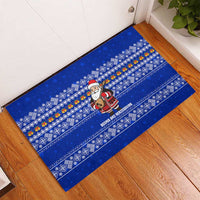 Bosnia and Herzegovina Christmas Rubber Doormat with Santa Playing Traditional Instrument and Blue Snowflake Pattern - Wonder Print Shop