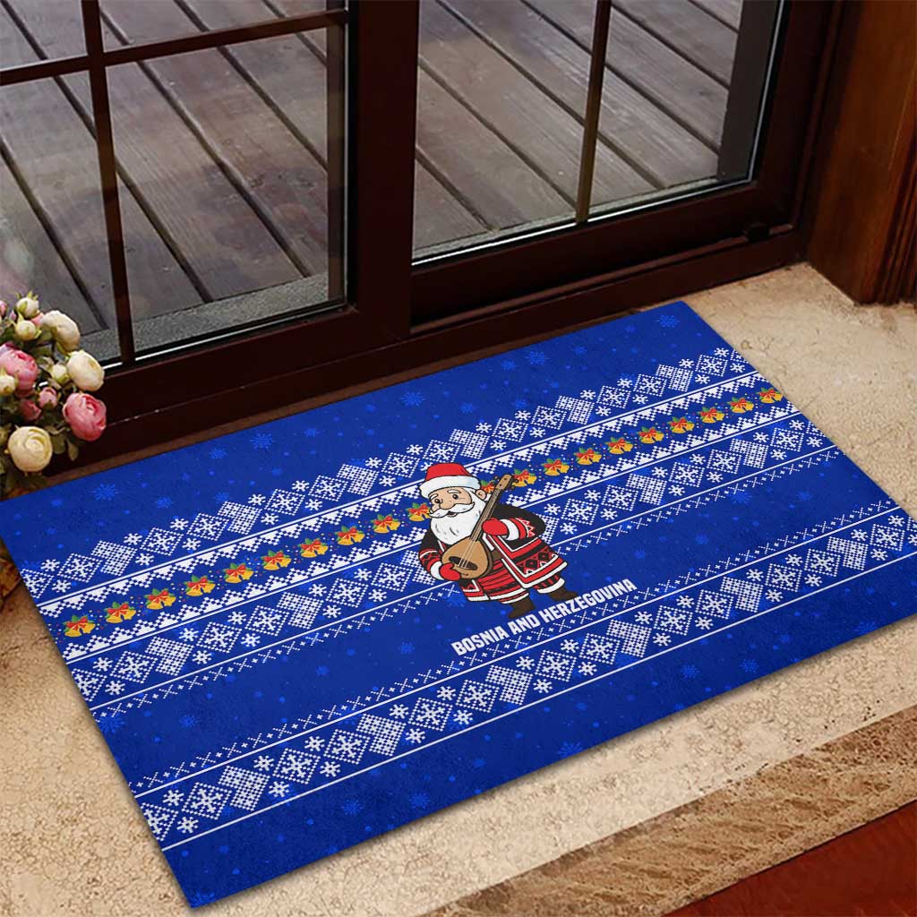 Bosnia and Herzegovina Christmas Rubber Doormat with Santa Playing Traditional Instrument and Blue Snowflake Pattern - Wonder Print Shop