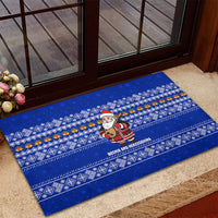 Bosnia and Herzegovina Christmas Rubber Doormat with Santa Playing Traditional Instrument and Blue Snowflake Pattern - Wonder Print Shop