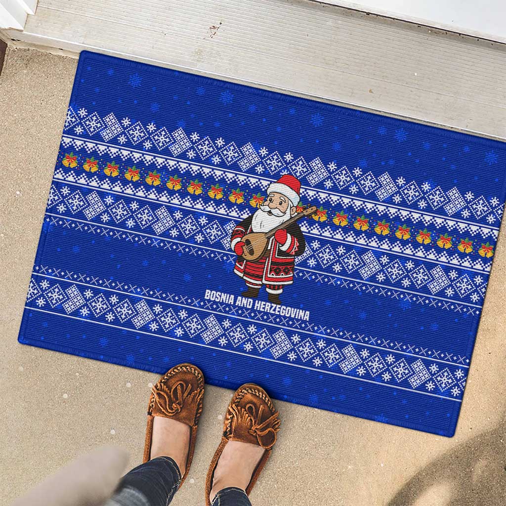 Bosnia and Herzegovina Christmas Rubber Doormat with Santa Playing Traditional Instrument and Blue Snowflake Pattern - Wonder Print Shop