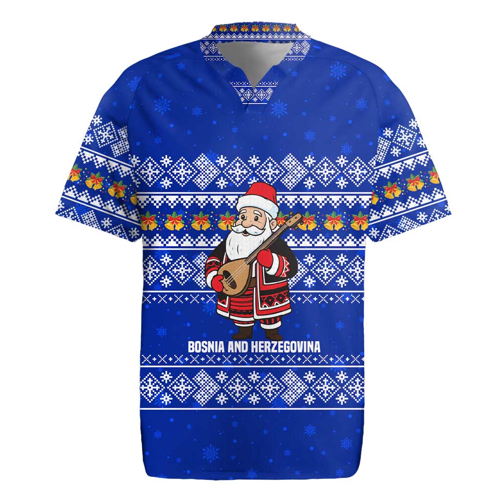 Bosnia and Herzegovina Christmas Rugby Jersey with Santa Playing Traditional Instrument and Blue Snowflake Pattern - Wonder Print Shop