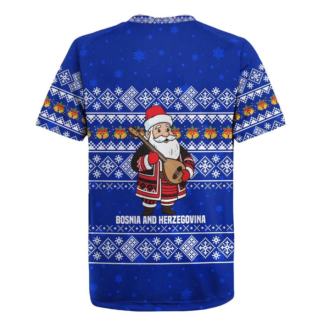 Bosnia and Herzegovina Christmas Rugby Jersey with Santa Playing Traditional Instrument and Blue Snowflake Pattern - Wonder Print Shop