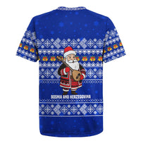 Bosnia and Herzegovina Christmas Rugby Jersey with Santa Playing Traditional Instrument and Blue Snowflake Pattern - Wonder Print Shop