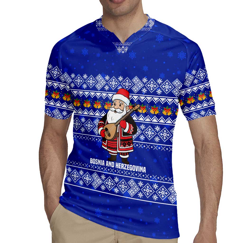 Bosnia and Herzegovina Christmas Rugby Jersey with Santa Playing Traditional Instrument and Blue Snowflake Pattern - Wonder Print Shop