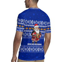 Bosnia and Herzegovina Christmas Rugby Jersey with Santa Playing Traditional Instrument and Blue Snowflake Pattern - Wonder Print Shop