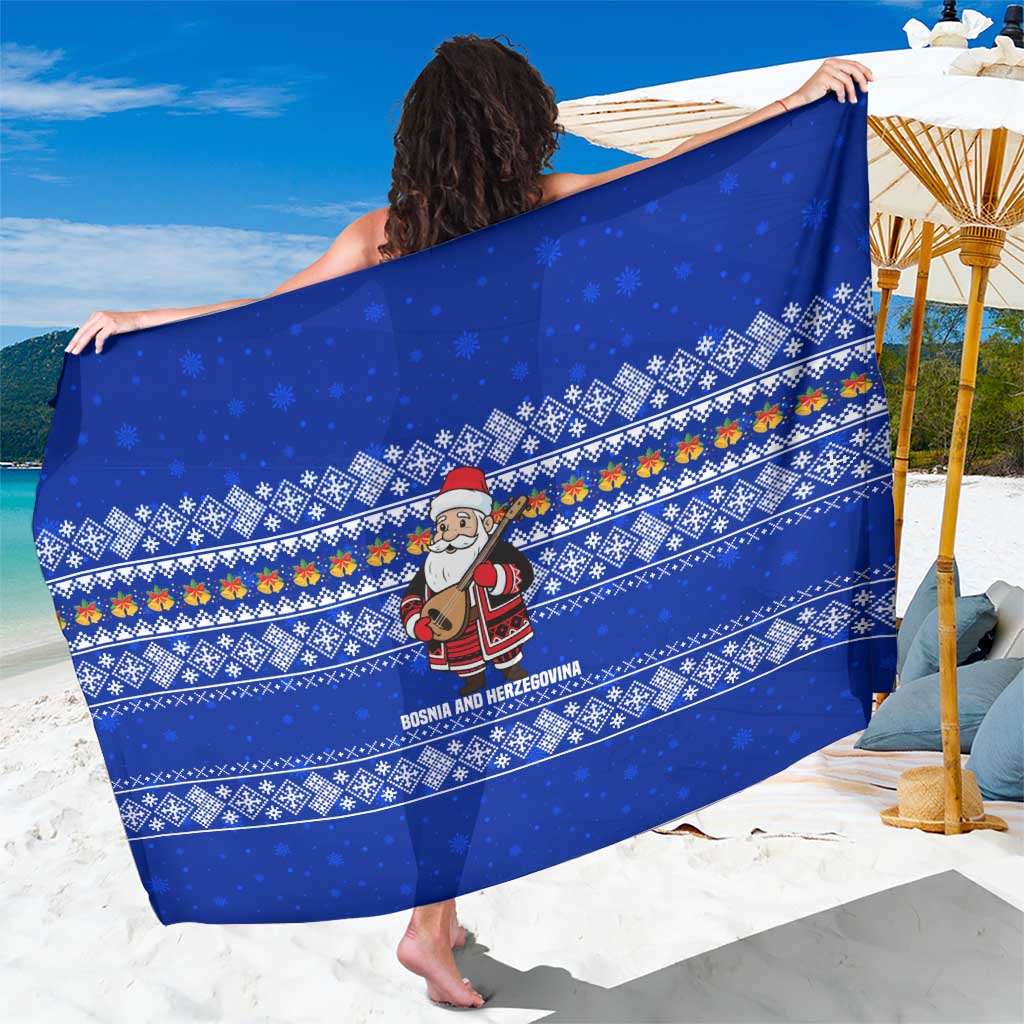 Bosnia and Herzegovina Christmas Sarong with Santa Playing Traditional Instrument and Blue Snowflake Pattern - Wonder Print Shop