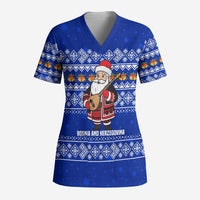 Bosnia and Herzegovina Christmas Scrub Top with Santa Playing Traditional Instrument and Blue Snowflake Pattern - Wonder Print Shop