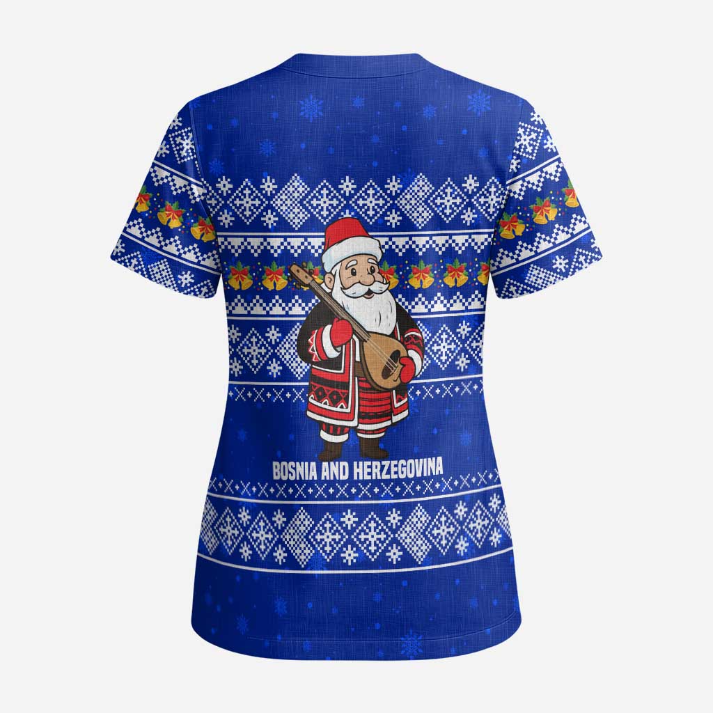 Bosnia and Herzegovina Christmas Scrub Top with Santa Playing Traditional Instrument and Blue Snowflake Pattern - Wonder Print Shop