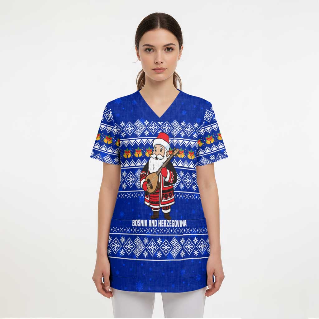 Bosnia and Herzegovina Christmas Scrub Top with Santa Playing Traditional Instrument and Blue Snowflake Pattern - Wonder Print Shop