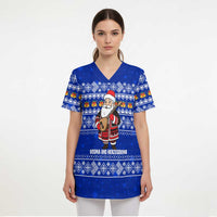 Bosnia and Herzegovina Christmas Scrub Top with Santa Playing Traditional Instrument and Blue Snowflake Pattern - Wonder Print Shop