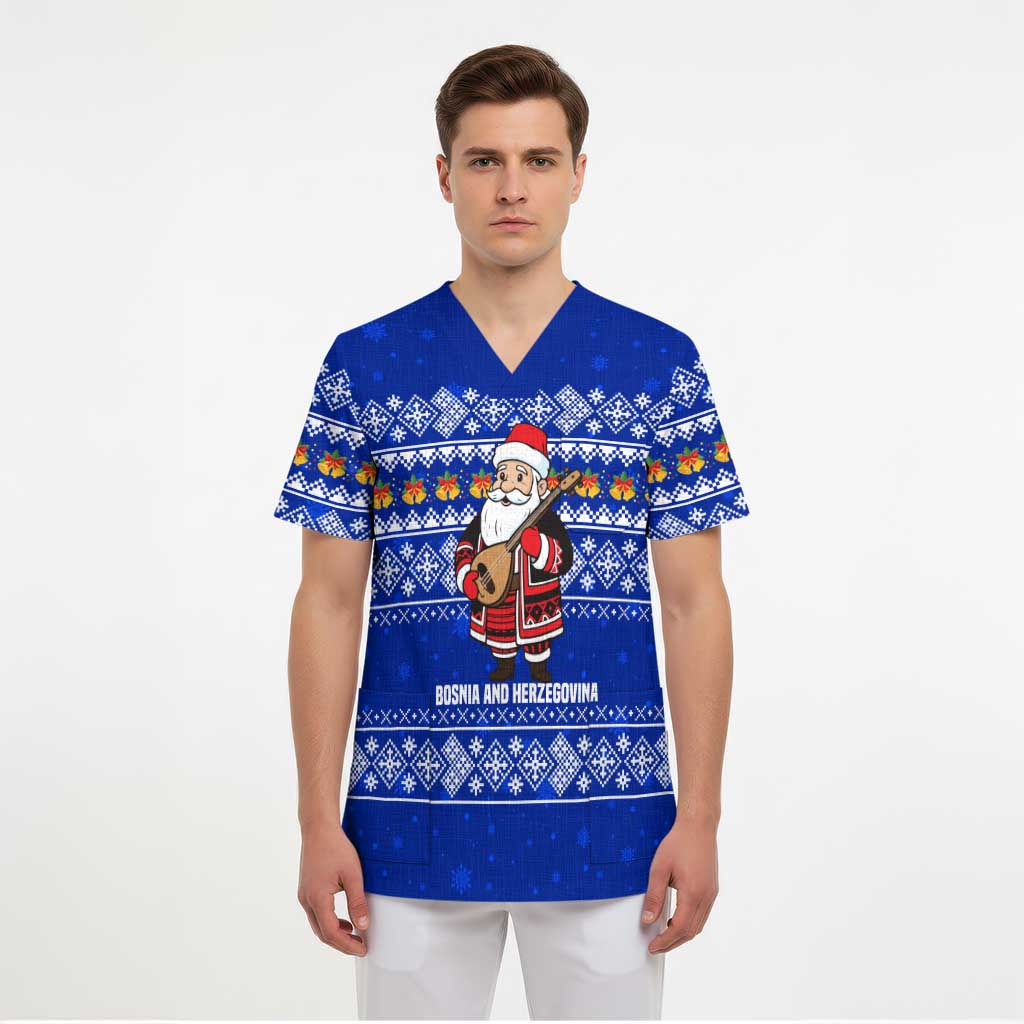Bosnia and Herzegovina Christmas Scrub Top with Santa Playing Traditional Instrument and Blue Snowflake Pattern - Wonder Print Shop