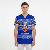 Bosnia and Herzegovina Christmas Scrub Top with Santa Playing Traditional Instrument and Blue Snowflake Pattern - Wonder Print Shop