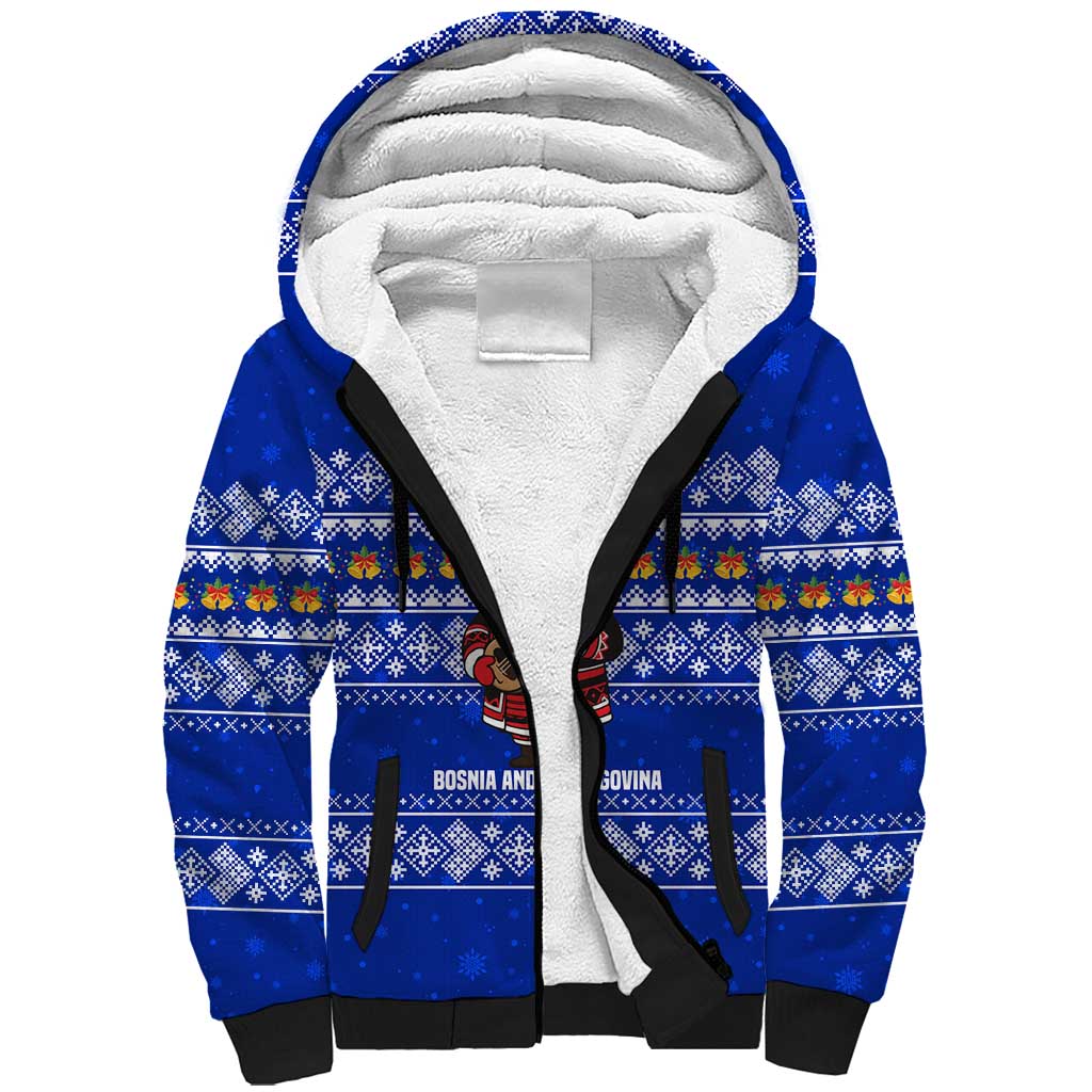 Bosnia and Herzegovina Christmas Sherpa Hoodie with Santa Playing Traditional Instrument and Blue Snowflake Pattern - Wonder Print Shop