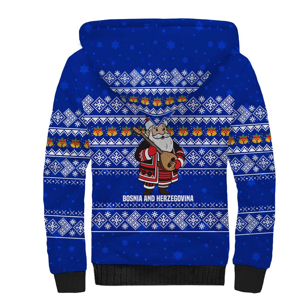 Bosnia and Herzegovina Christmas Sherpa Hoodie with Santa Playing Traditional Instrument and Blue Snowflake Pattern - Wonder Print Shop