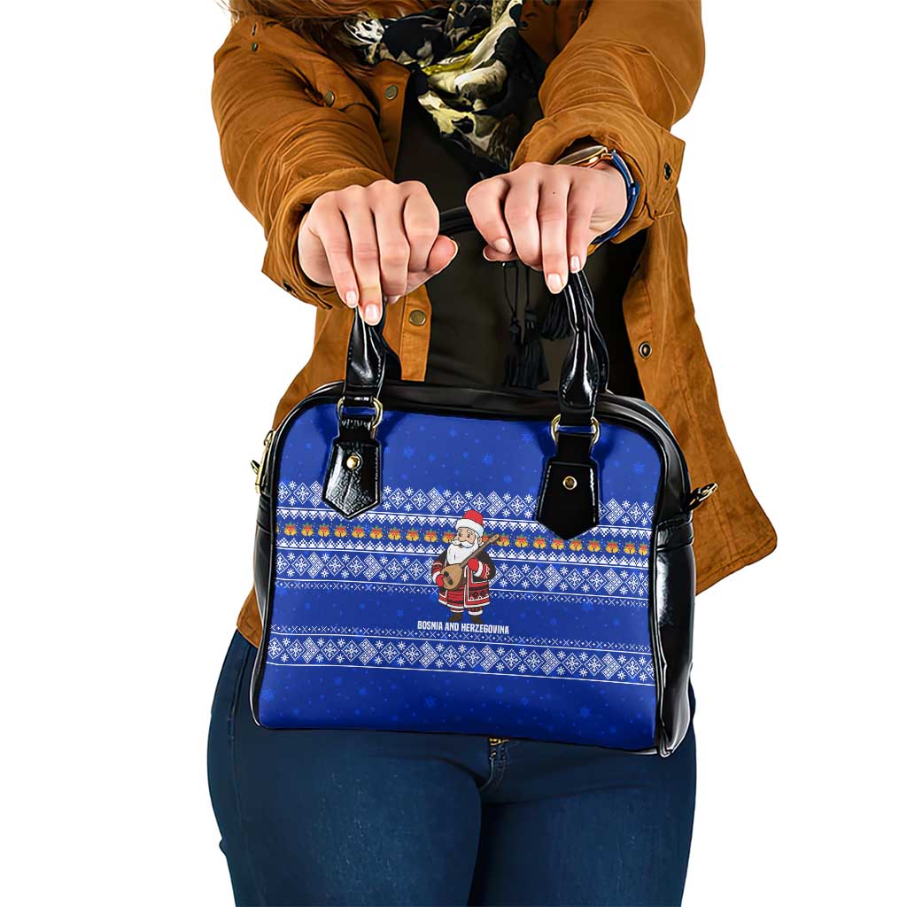 Bosnia and Herzegovina Christmas Shoulder Handbag with Santa Playing Traditional Instrument and Blue Snowflake Pattern - Wonder Print Shop
