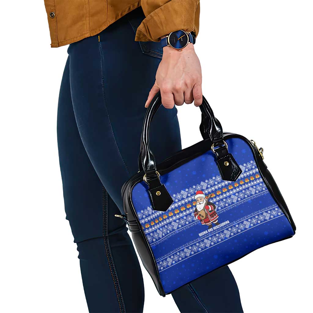 Bosnia and Herzegovina Christmas Shoulder Handbag with Santa Playing Traditional Instrument and Blue Snowflake Pattern - Wonder Print Shop
