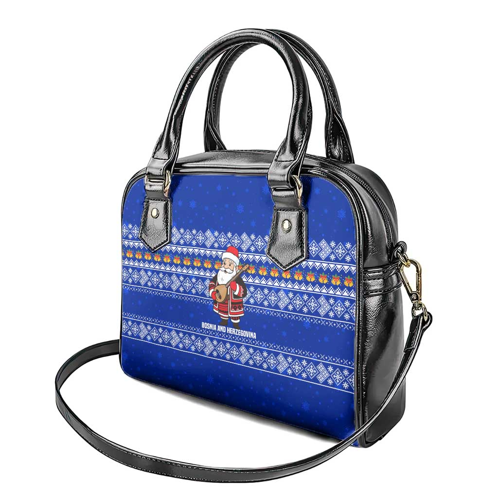 Bosnia and Herzegovina Christmas Shoulder Handbag with Santa Playing Traditional Instrument and Blue Snowflake Pattern - Wonder Print Shop