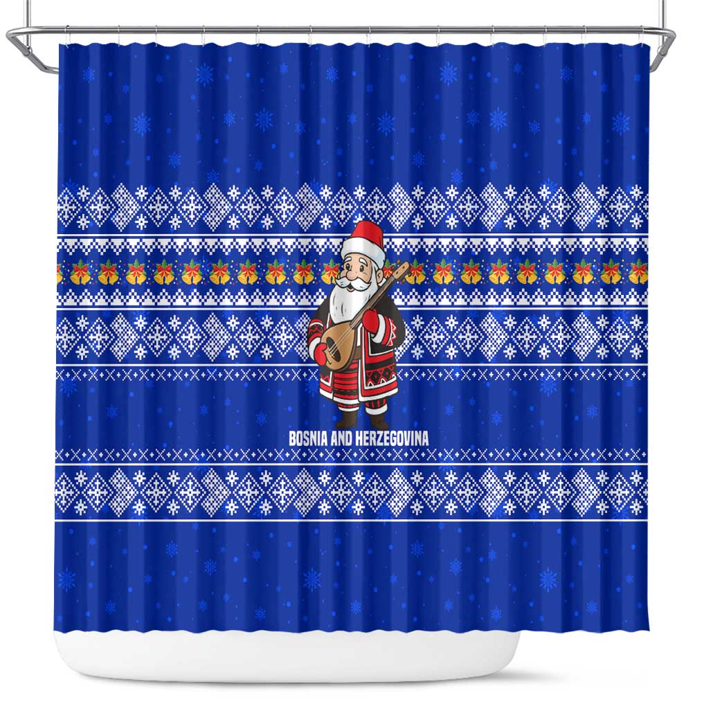 Bosnia and Herzegovina Christmas Shower Curtain with Santa Playing Traditional Instrument and Blue Snowflake Pattern - Wonder Print Shop