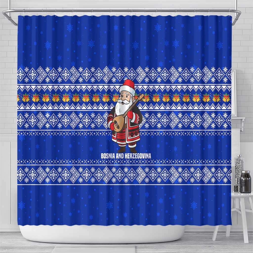 Bosnia and Herzegovina Christmas Shower Curtain with Santa Playing Traditional Instrument and Blue Snowflake Pattern - Wonder Print Shop