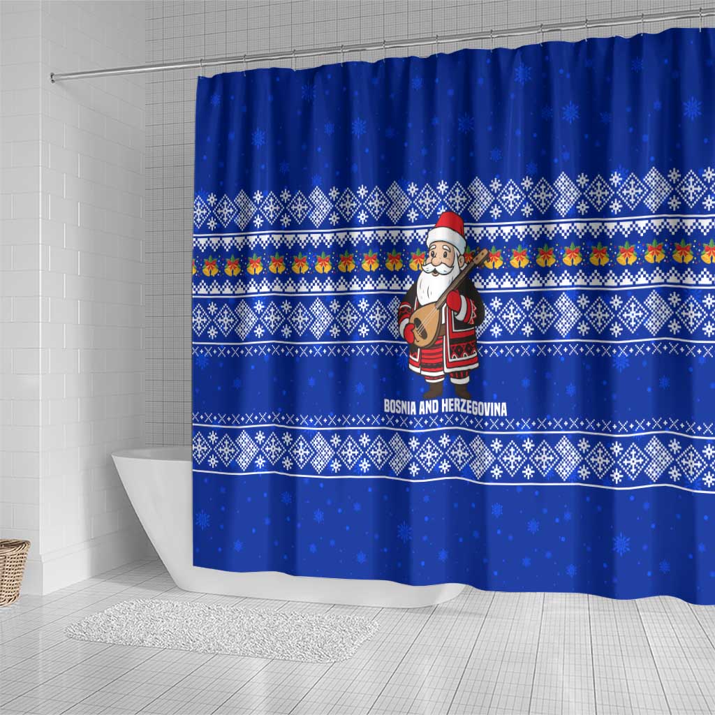 Bosnia and Herzegovina Christmas Shower Curtain with Santa Playing Traditional Instrument and Blue Snowflake Pattern - Wonder Print Shop