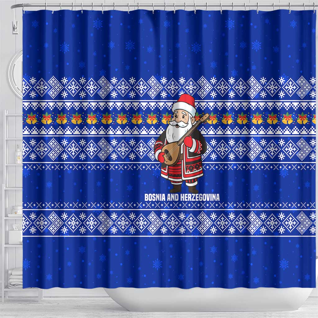 Bosnia and Herzegovina Christmas Shower Curtain with Santa Playing Traditional Instrument and Blue Snowflake Pattern - Wonder Print Shop