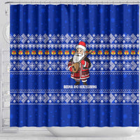 Bosnia and Herzegovina Christmas Shower Curtain with Santa Playing Traditional Instrument and Blue Snowflake Pattern - Wonder Print Shop