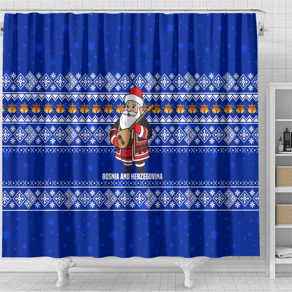 Bosnia and Herzegovina Christmas Shower Curtain with Santa Playing Traditional Instrument and Blue Snowflake Pattern - Wonder Print Shop