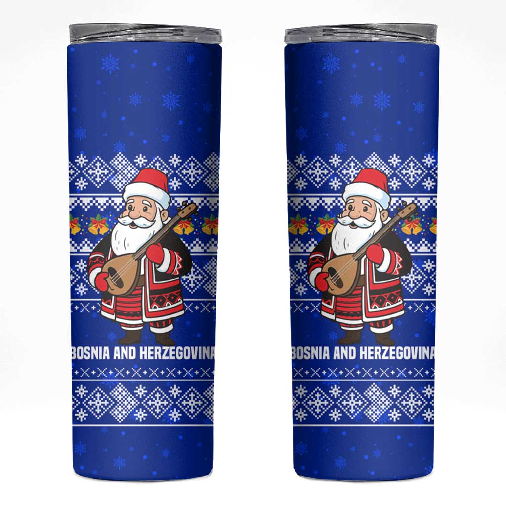Bosnia and Herzegovina Christmas Skinny Tumbler with Santa Playing Traditional Instrument and Blue Snowflake Pattern - Wonder Print Shop