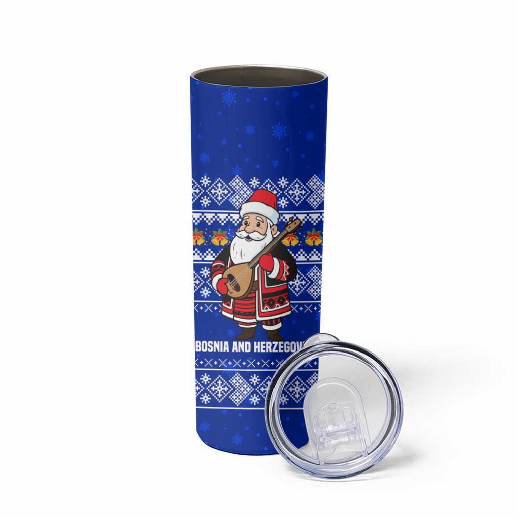 Bosnia and Herzegovina Christmas Skinny Tumbler with Santa Playing Traditional Instrument and Blue Snowflake Pattern - Wonder Print Shop