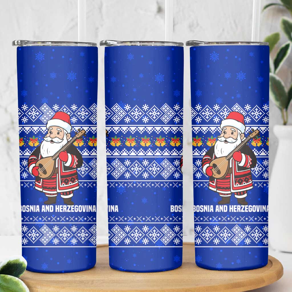 Bosnia and Herzegovina Christmas Skinny Tumbler with Santa Playing Traditional Instrument and Blue Snowflake Pattern - Wonder Print Shop