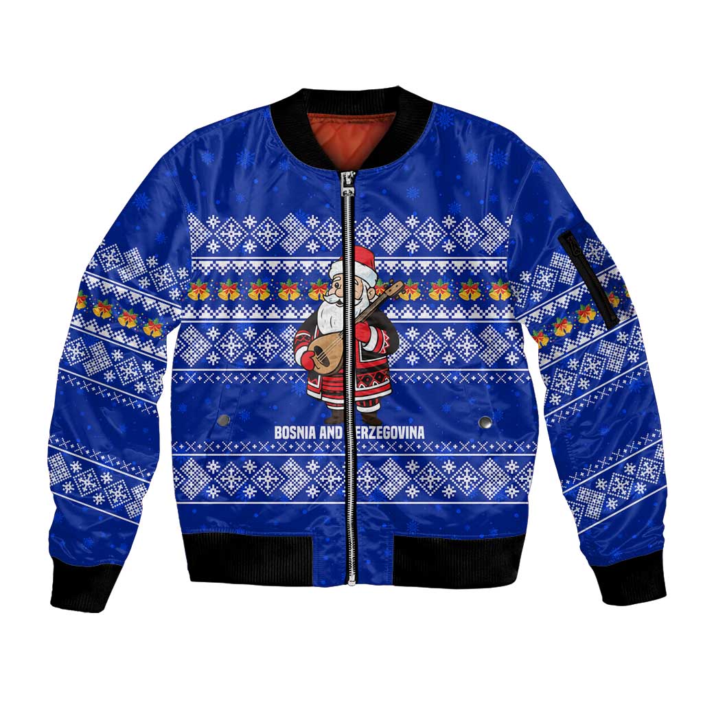 Bosnia and Herzegovina Christmas Sleeve Zip Bomber Jacket with Santa Playing Traditional Instrument and Blue Snowflake Pattern - Wonder Print Shop