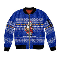Bosnia and Herzegovina Christmas Sleeve Zip Bomber Jacket with Santa Playing Traditional Instrument and Blue Snowflake Pattern - Wonder Print Shop
