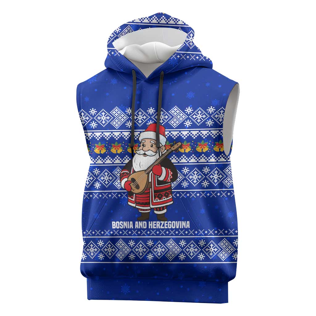 Bosnia and Herzegovina Christmas Sleeveless Hoodie with Santa Playing Traditional Instrument and Blue Snowflake Pattern - Wonder Print Shop