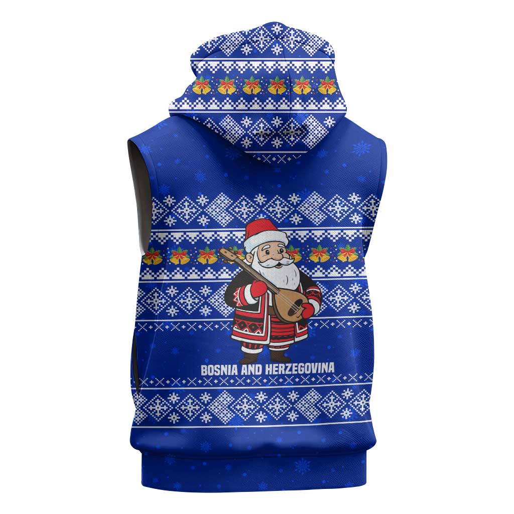 Bosnia and Herzegovina Christmas Sleeveless Hoodie with Santa Playing Traditional Instrument and Blue Snowflake Pattern - Wonder Print Shop
