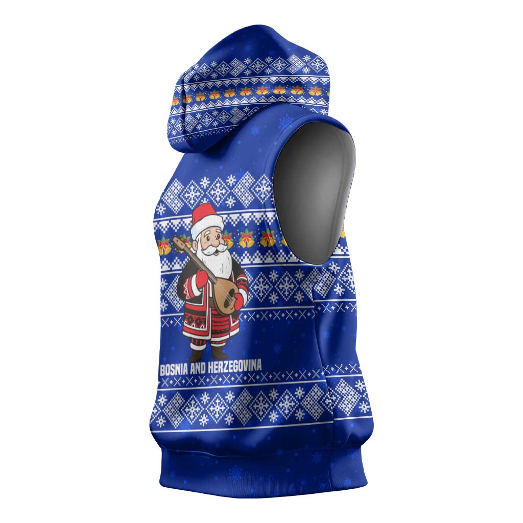 Bosnia and Herzegovina Christmas Sleeveless Hoodie with Santa Playing Traditional Instrument and Blue Snowflake Pattern - Wonder Print Shop