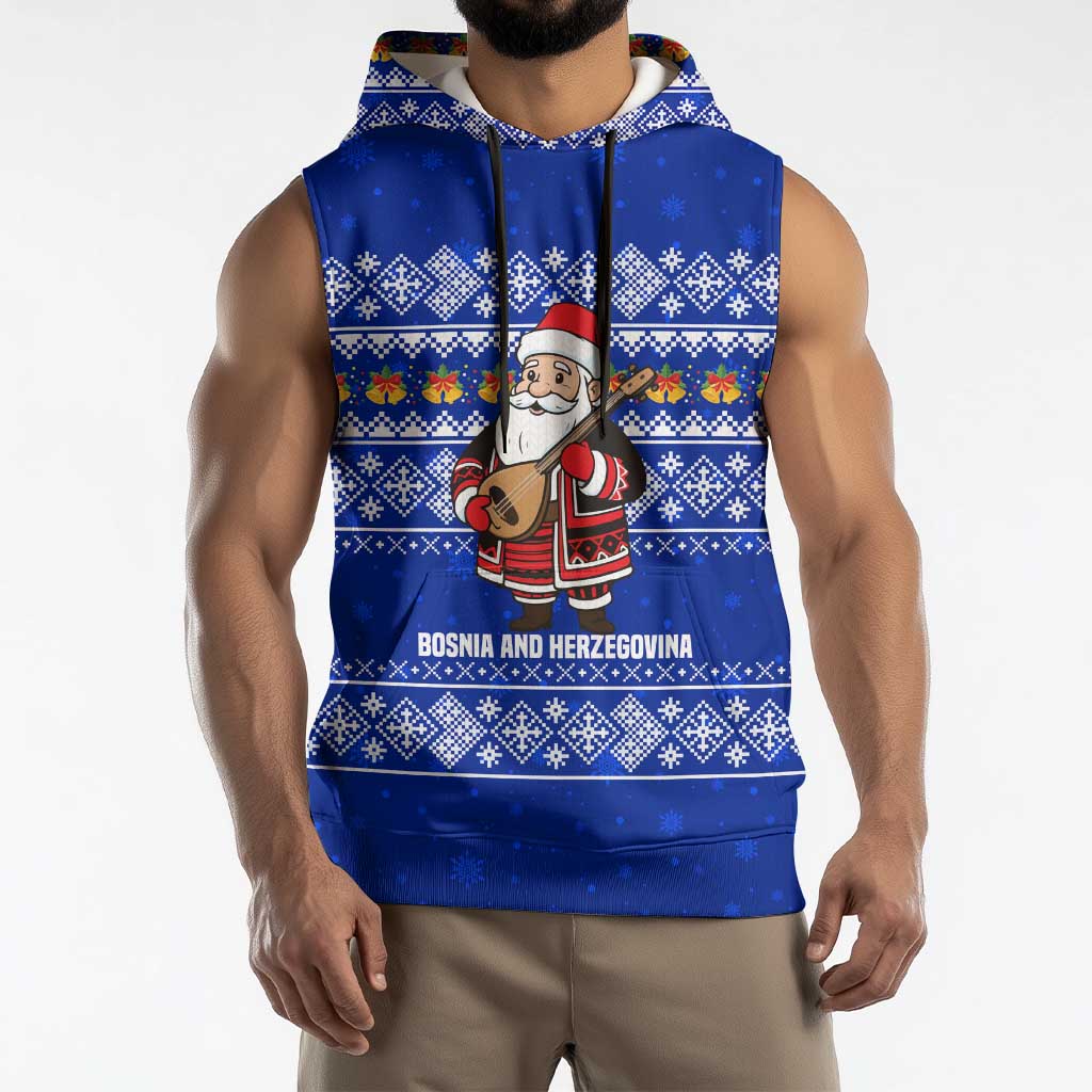 Bosnia and Herzegovina Christmas Sleeveless Hoodie with Santa Playing Traditional Instrument and Blue Snowflake Pattern - Wonder Print Shop