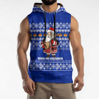 Bosnia and Herzegovina Christmas Sleeveless Hoodie with Santa Playing Traditional Instrument and Blue Snowflake Pattern - Wonder Print Shop