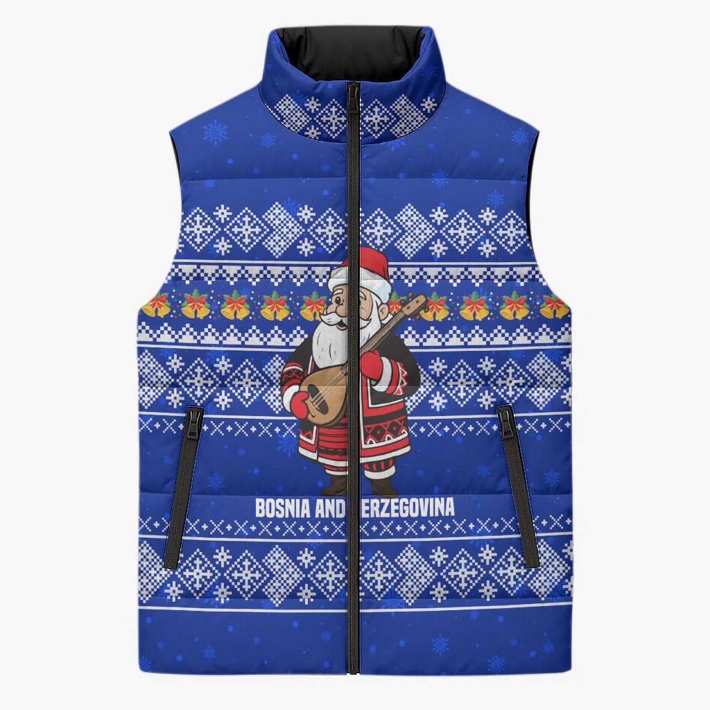 Bosnia and Herzegovina Christmas Sleeveless Puffer Jacket with Santa Playing Traditional Instrument and Blue Snowflake Pattern - Wonder Print Shop