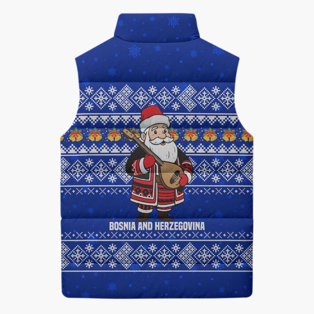Bosnia and Herzegovina Christmas Sleeveless Puffer Jacket with Santa Playing Traditional Instrument and Blue Snowflake Pattern - Wonder Print Shop