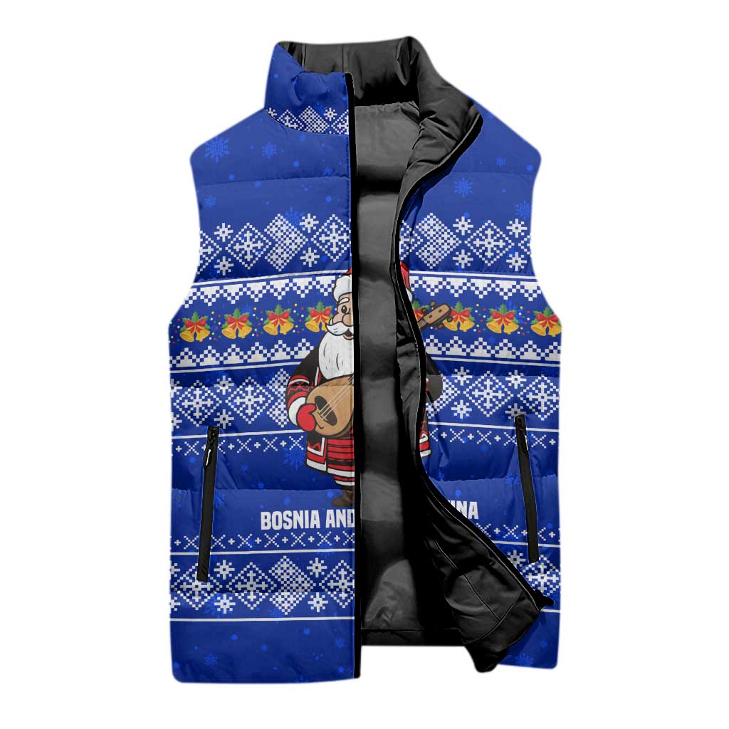 Bosnia and Herzegovina Christmas Sleeveless Puffer Jacket with Santa Playing Traditional Instrument and Blue Snowflake Pattern - Wonder Print Shop