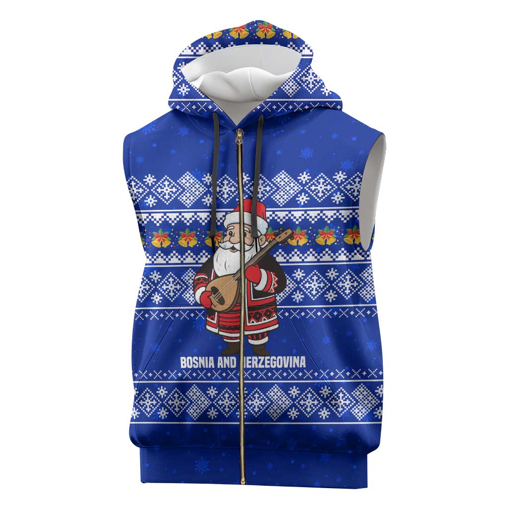 Bosnia and Herzegovina Christmas Sleeveless Zip Hoodie with Santa Playing Traditional Instrument and Blue Snowflake Pattern - Wonder Print Shop