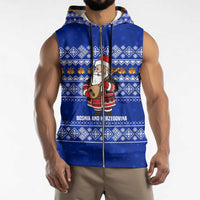 Bosnia and Herzegovina Christmas Sleeveless Zip Hoodie with Santa Playing Traditional Instrument and Blue Snowflake Pattern - Wonder Print Shop