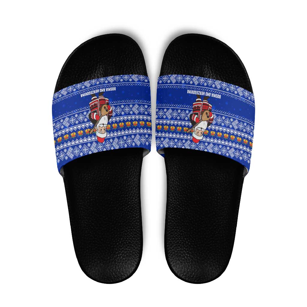 Bosnia and Herzegovina Christmas Slide Sandals with Santa Playing Traditional Instrument and Blue Snowflake Pattern - Wonder Print Shop