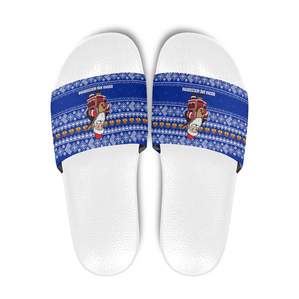 Bosnia and Herzegovina Christmas Slide Sandals with Santa Playing Traditional Instrument and Blue Snowflake Pattern - Wonder Print Shop
