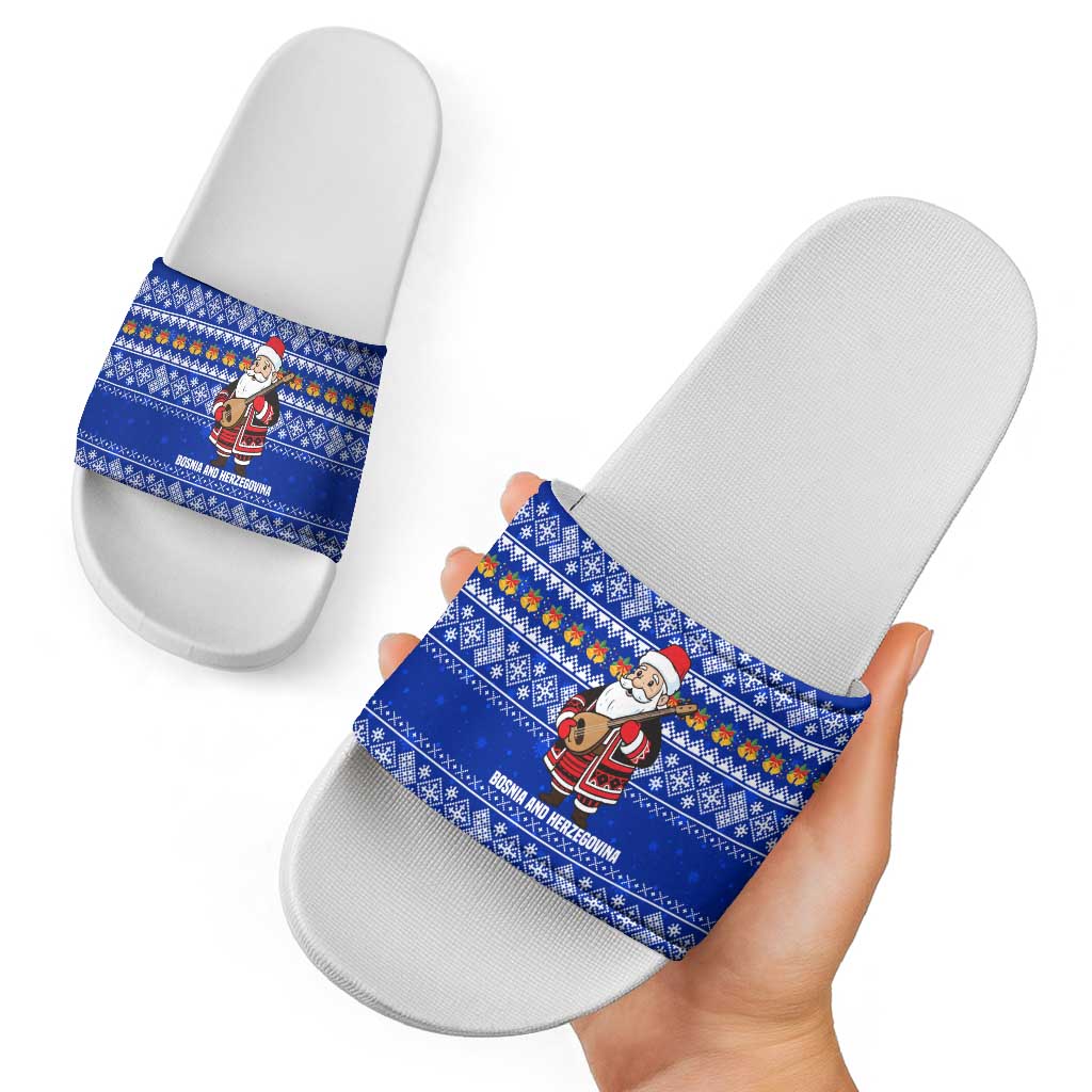Bosnia and Herzegovina Christmas Slide Sandals with Santa Playing Traditional Instrument and Blue Snowflake Pattern - Wonder Print Shop