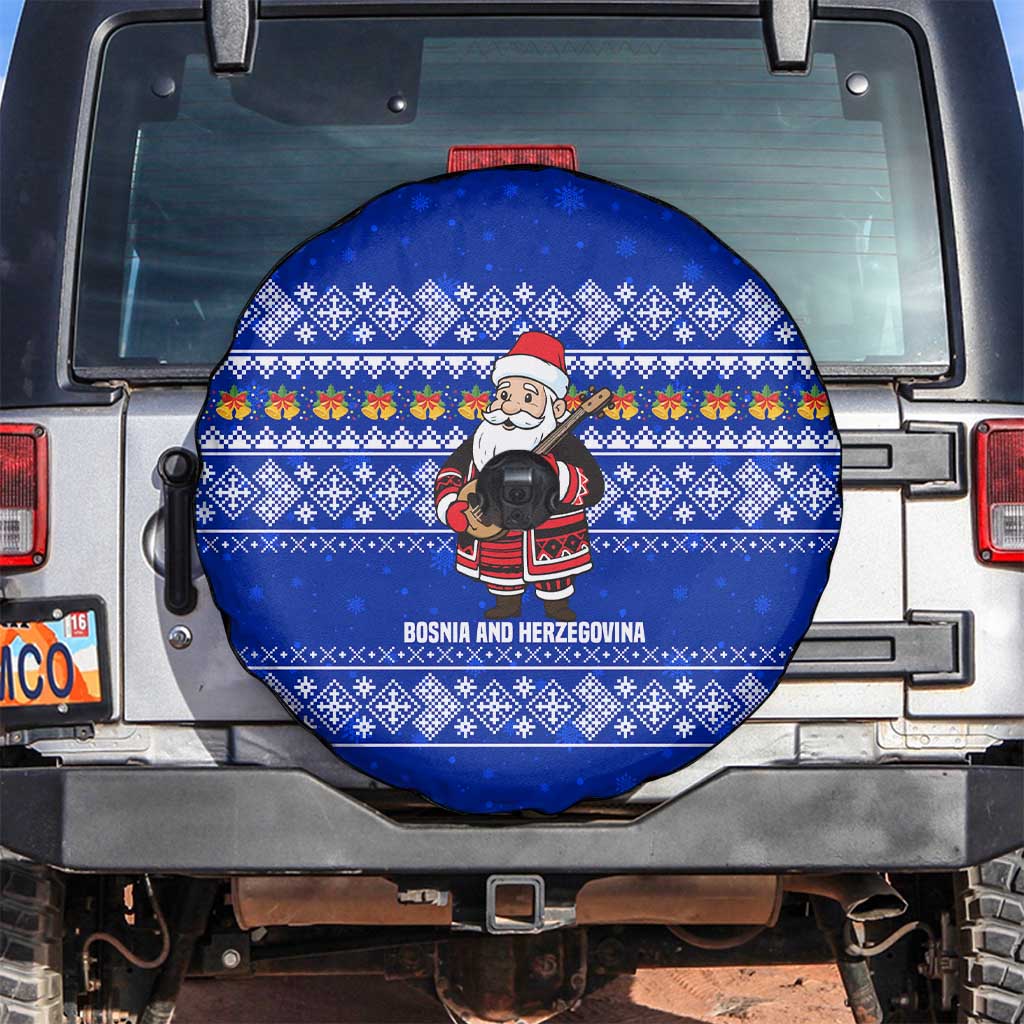 Bosnia and Herzegovina Christmas Spare Tire Cover with Santa Playing Traditional Instrument and Blue Snowflake Pattern - Wonder Print Shop