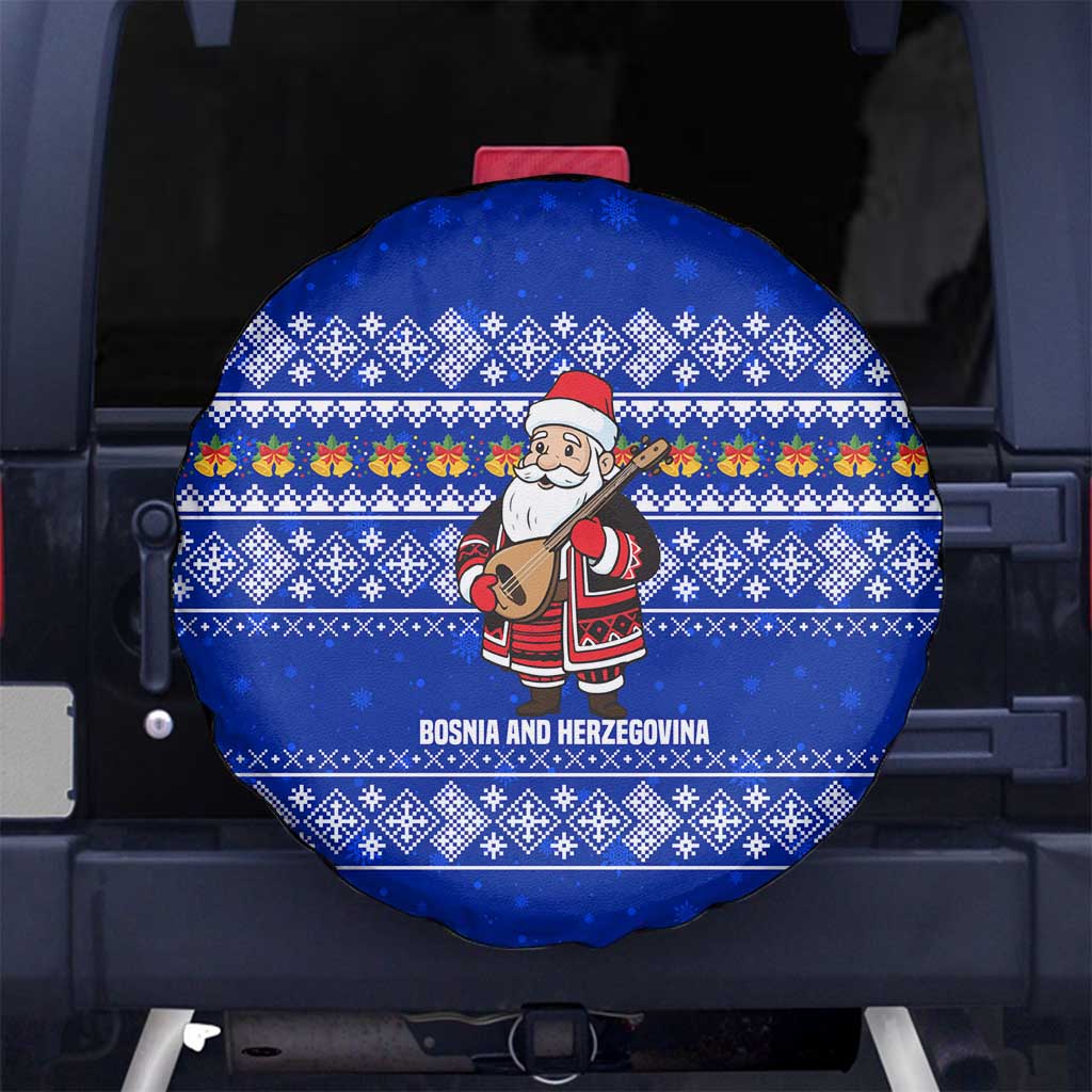Bosnia and Herzegovina Christmas Spare Tire Cover with Santa Playing Traditional Instrument and Blue Snowflake Pattern - Wonder Print Shop