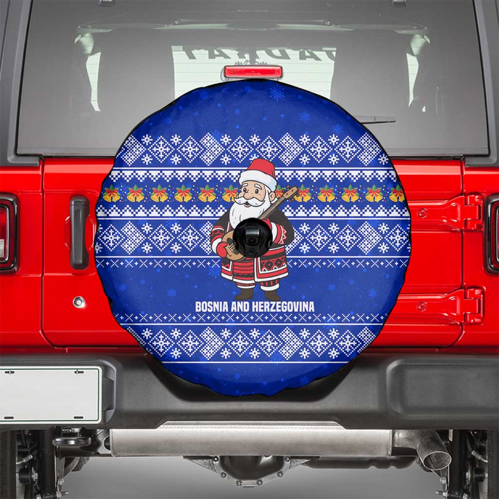 Bosnia and Herzegovina Christmas Spare Tire Cover with Santa Playing Traditional Instrument and Blue Snowflake Pattern - Wonder Print Shop